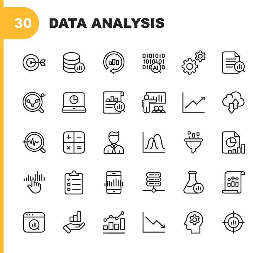 Data Analysis Line Icons. Editable Stroke. Pixel Perfect. For Mobile and Web. Contains such icons as Artificial Intelligence, Big Data, Cloud Computing, Chart, Business Analyst. Drawing by Rambo182