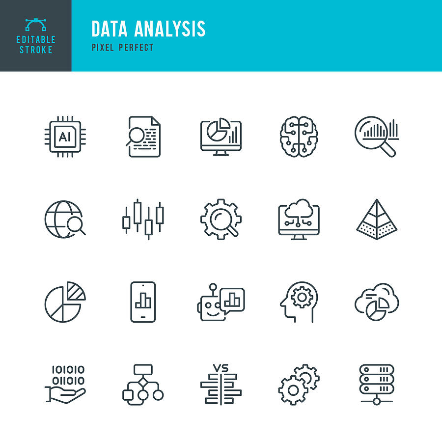 Data Analysis - thin line vector icon set. Pixel perfect. Editable stroke. The set contains icons: Big Data, Artificial Intelligence, Chart, Computer Chip, Diagram, Cloud Computing, Progress Report, Stock Market Data. Drawing by Fonikum