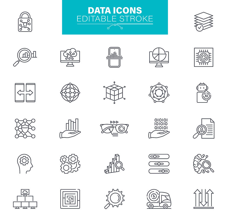 Data Icons Editable Stroke. Set contains such icons as Data, Infographic, Big Data, Cloud Computing, Machine Learning, Security System Drawing by Forest_strider
