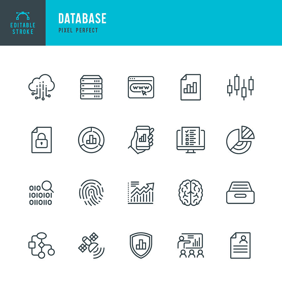 DATABASE - thin line vector icon set. Pixel perfect. Editable stroke. The set contains icons: Big Data, Biometric Data, Analyzing, Diagram, Personal Data, Cloud Computing, Archive, Stock Market Data, Brain. Drawing by Fonikum