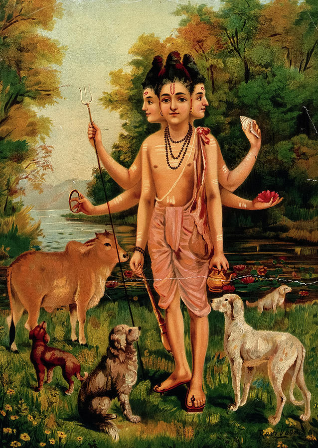 Avatar Painting - Dattatreya with his four Dogs and Cow by Ravi Varma