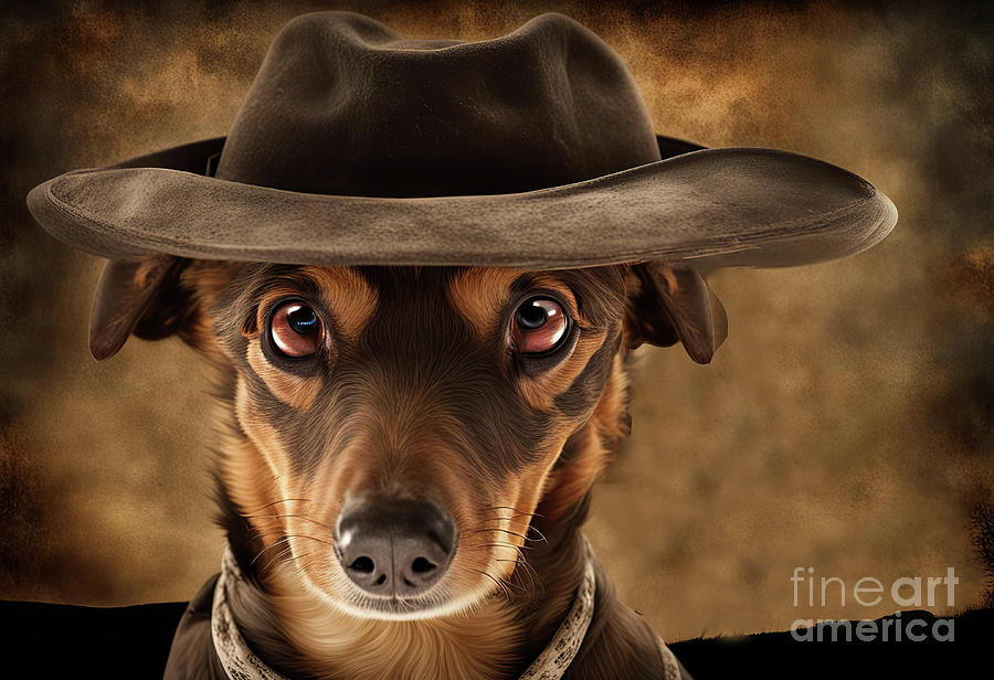 Dauchsand Dog with Cowboy Hat Country Western Mixed Media by Stephanie Laird
