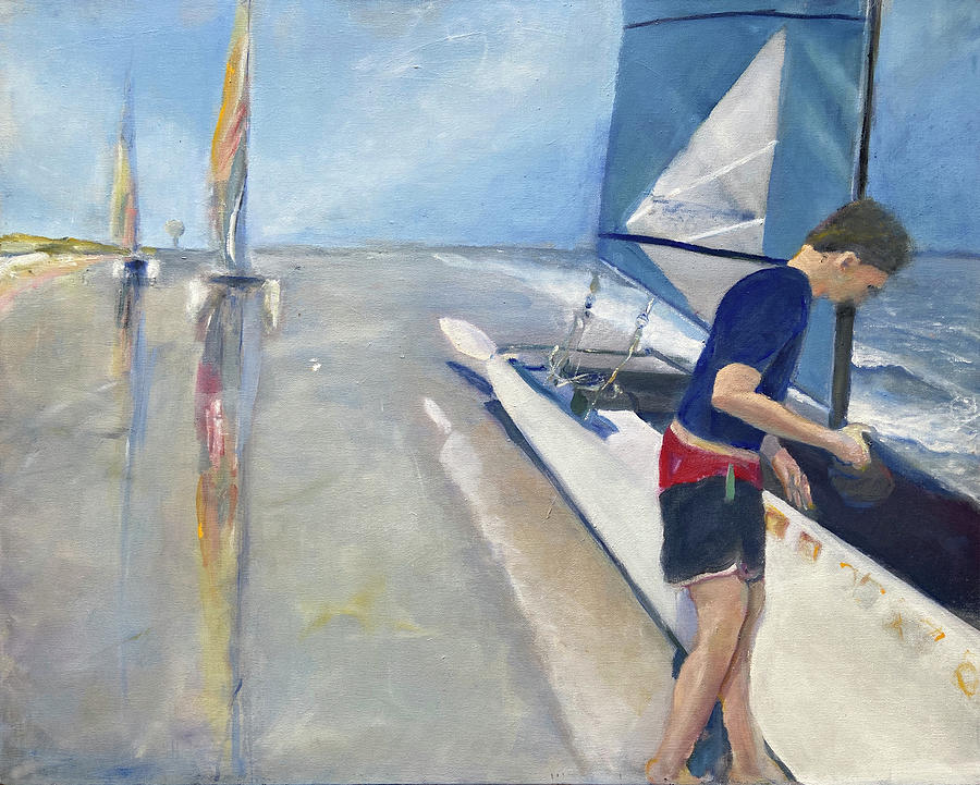Catamaran Painting - Dave by his Sailboat by Jodee Clifford Catamaran Painting - Dave by his Sailboat by Jodee Clifford