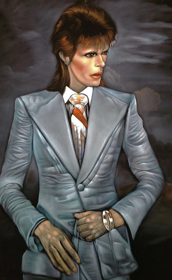 The Beatles Painting - David Bowie in grey suit, black velvet painting by Andres Gonzalez