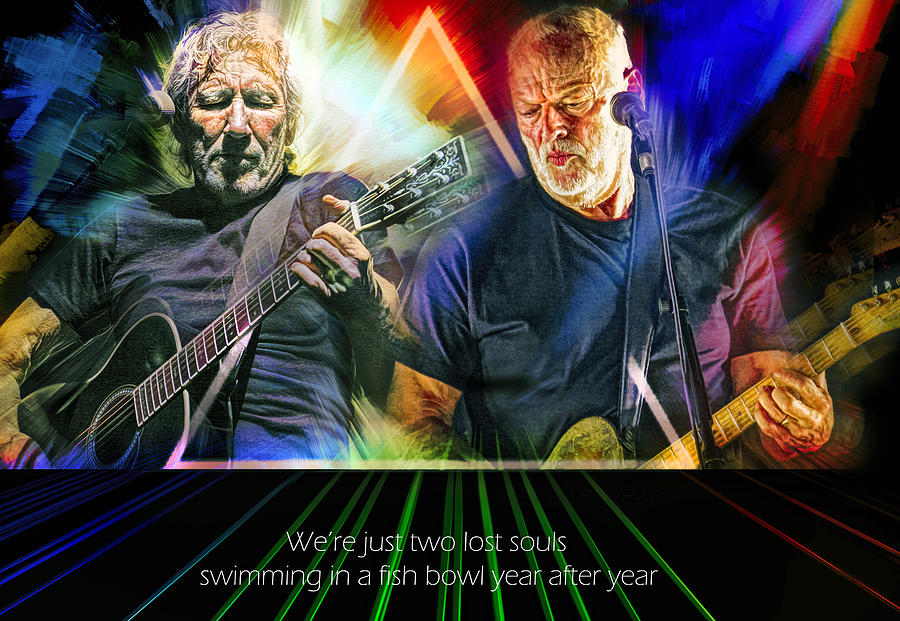David Gilmour and Roger Waters Pink Floyd Mixed Media by Mal Bray