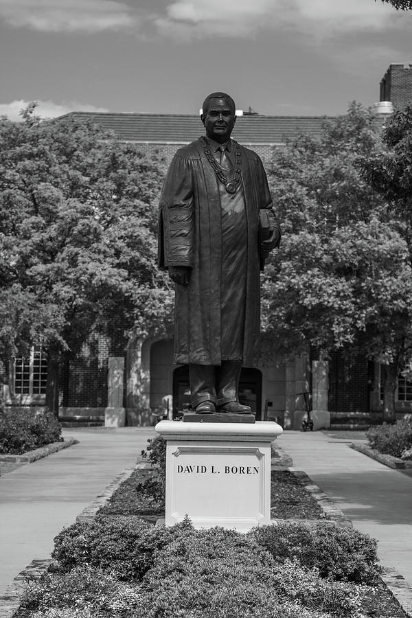 David L. Boren statue on the campus of the University of Oklahoma in black and white Photograph by Eldon McGraw
