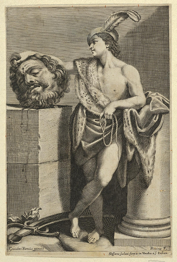 David standing with crossed legs and holding the head of Goliath Drawing by Giacomo Piccini