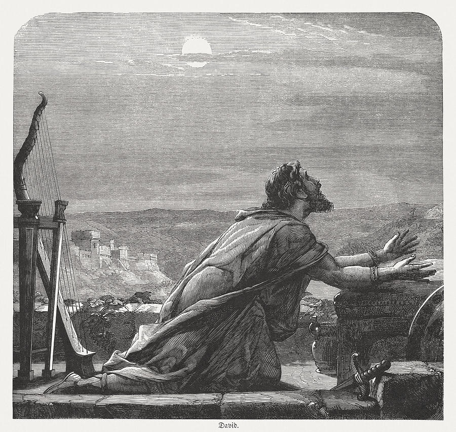Davids Prayer, wood engraving, published in 1886 Drawing by Zu_09