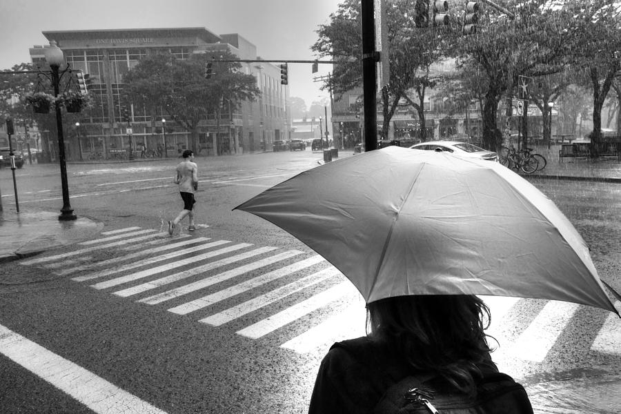 Davis Square Downpour Somerville MA Black and White Photograph by Toby McGuire
