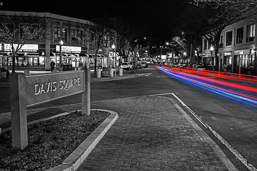 Davis Square Sign Somerville MA Mikes Selective Color Car Trails Photograph by Toby McGuire