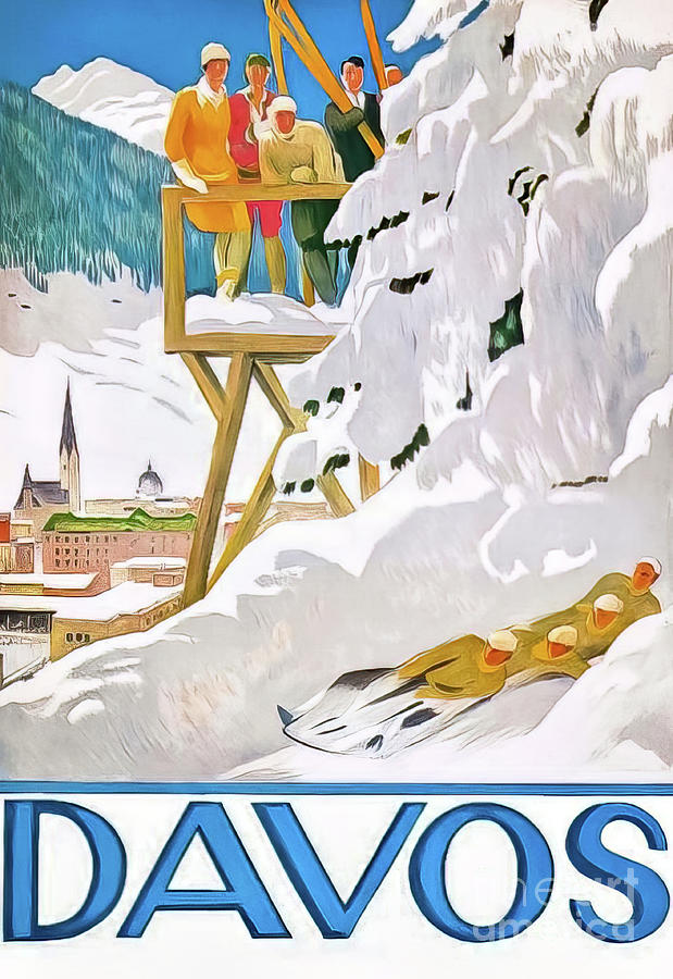 Davos Switzerland 1918 Art Deco Ski Poster Drawing by M G Whittingham