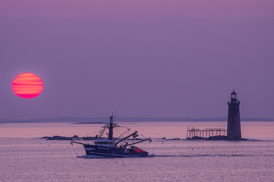 Dawn fishermen at Ram island light Photograph by Cynthia Farr-Weinfeld