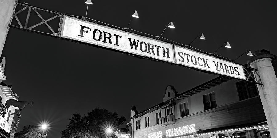 Dawn In The Stockyards - A Panoramic View Of Fort Worth Texas - Black And White Edition Photograph by Gregory Ballos