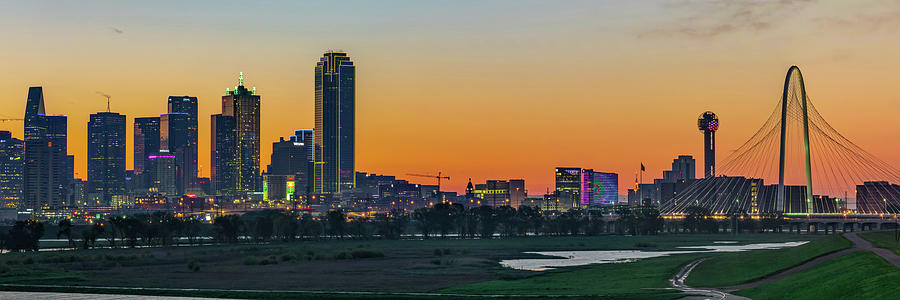 Dawn Over The Dallas Texas Skyline - Panoramic Format Photograph by Gregory Ballos