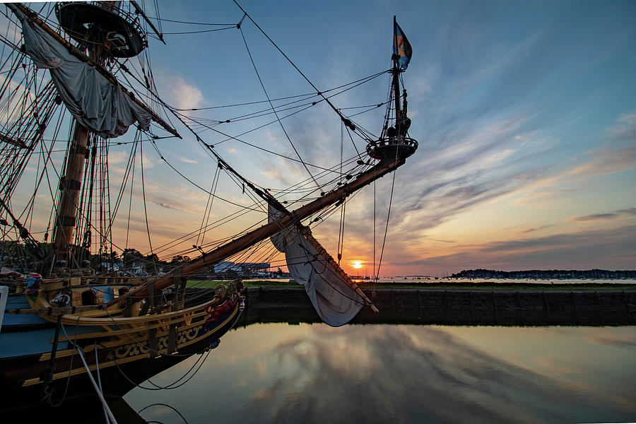 Dawn through Kalmar Nyckel Rigging Photograph by Jeff Folger