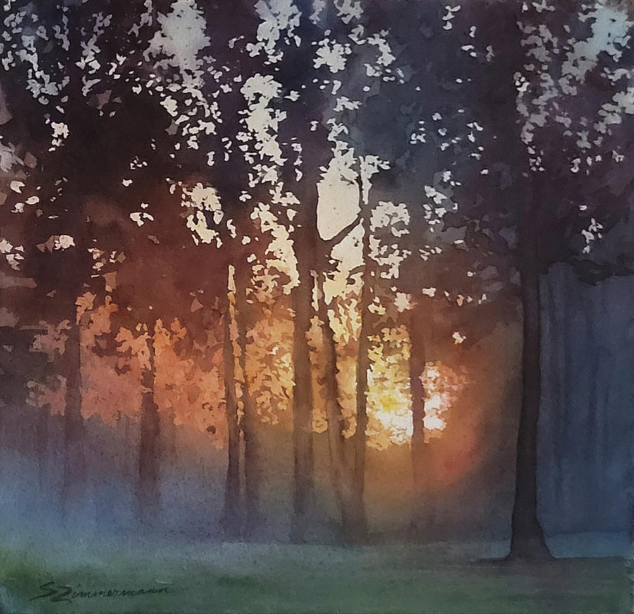 Dawn through the Trees Painting by Sue Zimmermann