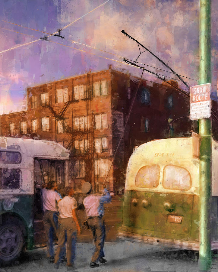 Dawn Trolleybus Trouble Painting by Glenn Galen