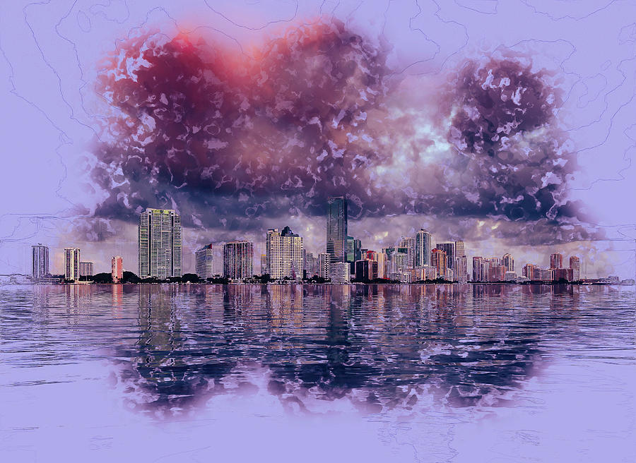 Dawn view of Miami Skyline reflected in water Photograph by Steven Heap