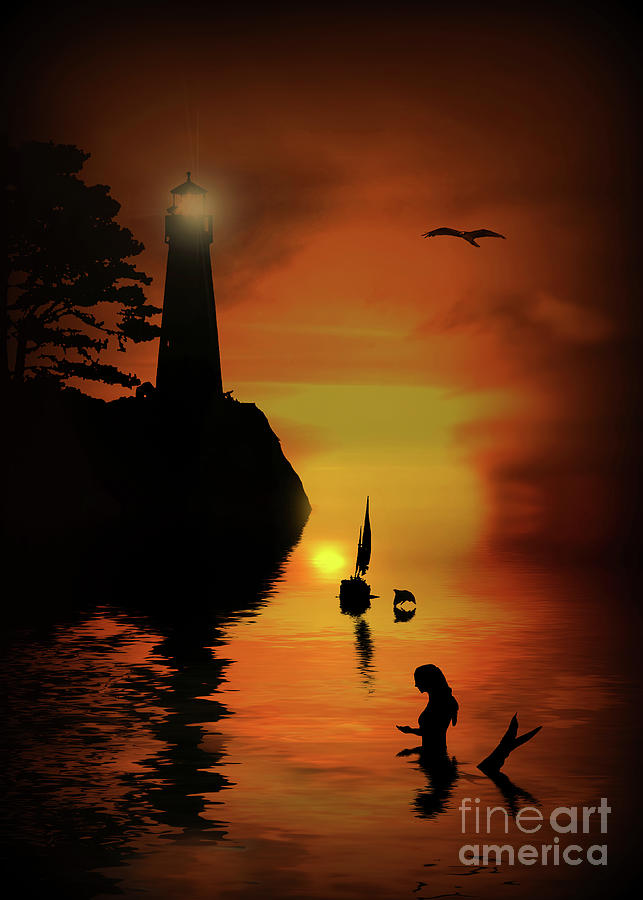 Day, Lighthouse, Sailboat, Dolphin and Mermaid, in a Sunset Photograph by Stephanie Laird
