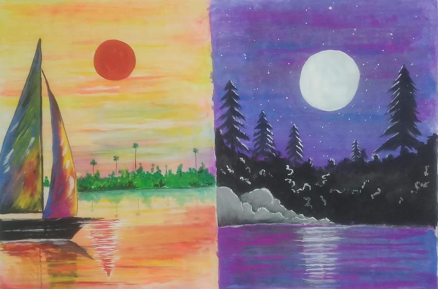 Simple Pencil Drawing Day-night Sun And Moonlight Scenery - YouTube