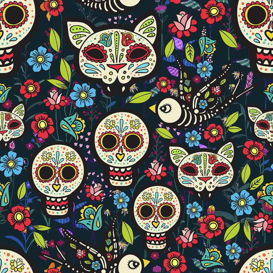 Day Of The Dead Cat Sugar Skulls Pattern Painting