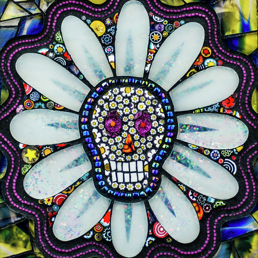 Day of the Dead Daisy Glass Art by Cherie Bosela