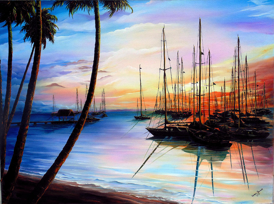 DAYS END  Yachting Regatta At Pigeon Point Tobago Painting by Karin  Dawn Kelshall- Best