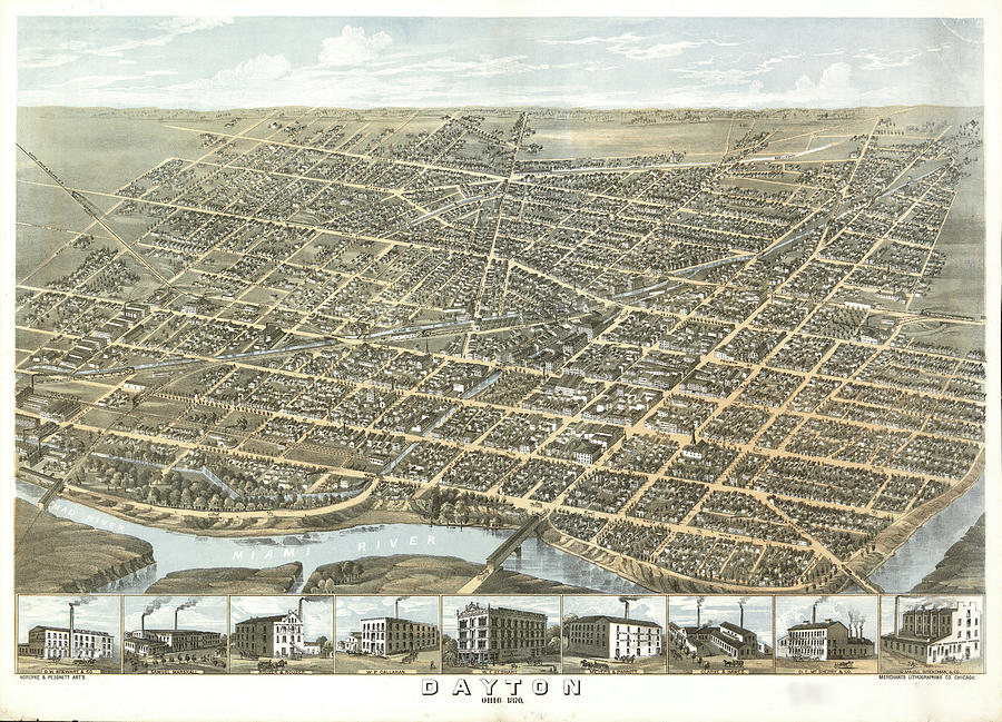 Map Drawing - Dayton, Ohio 1870 by Vintage Places