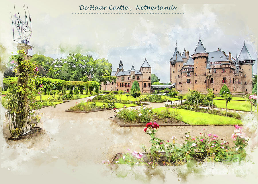 De Haar Castle in Netherlands in sketch style Digital Art by Ariadna De Raadt