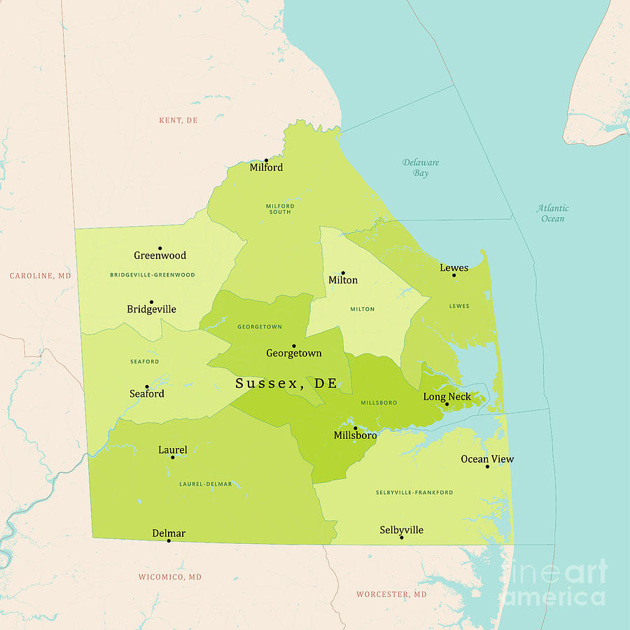 Georgetown University Digital Art - DE Sussex County Vector Map Green by Frank Ramspott