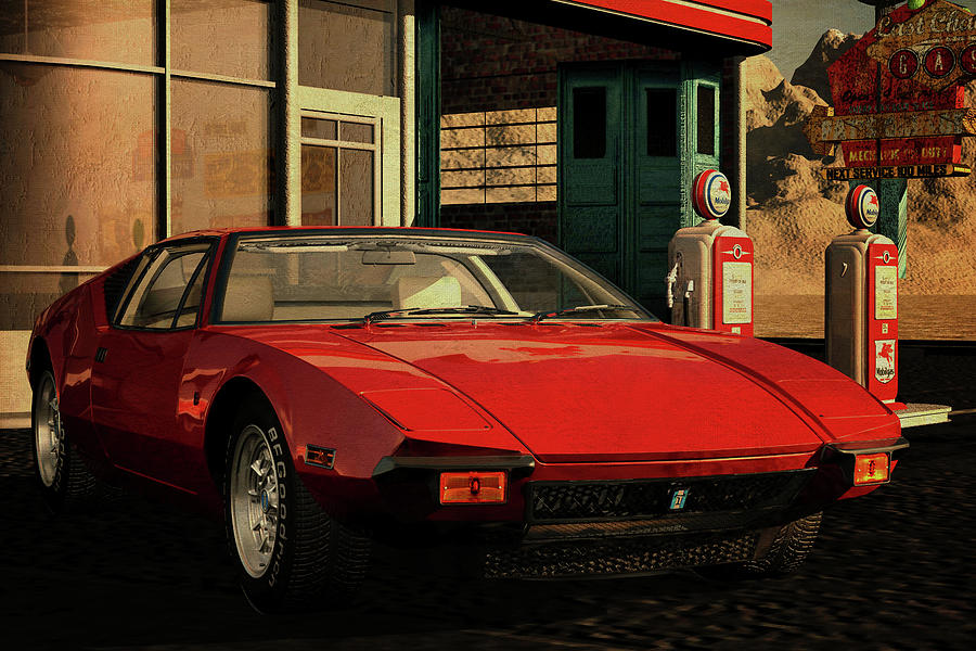 De Tomaso Pantera at a vintage gas station on Route 66 Digital Art by Jan Keteleer
