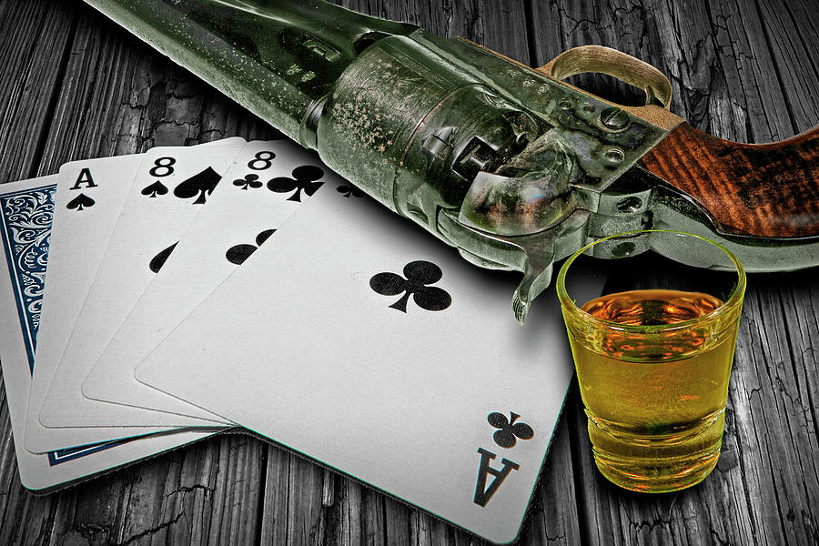 Still Life Photograph - Dead Mans Hand Aces and Eights wth Whiskey Glass and Colt Revol by Randall Nyhof