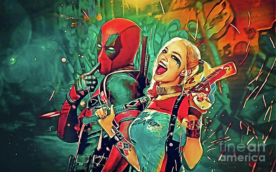 Deadpool And Harley Quinn Drawing by Long Jun