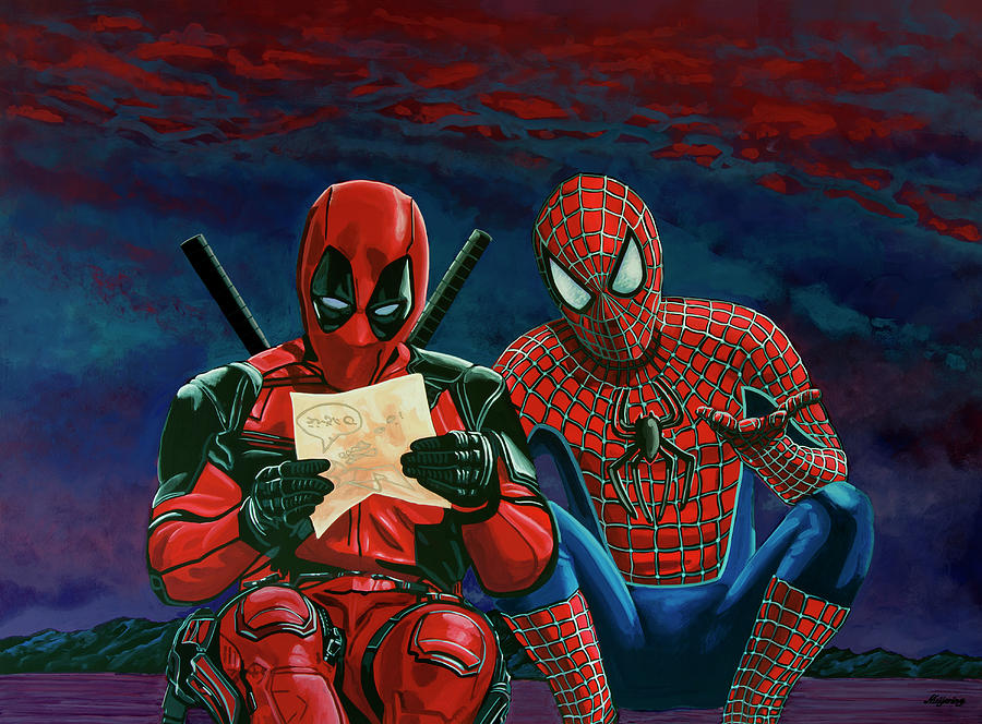 Deadpool Movie Painting - Deadpool and Spiderman Painting by Paul Meijering