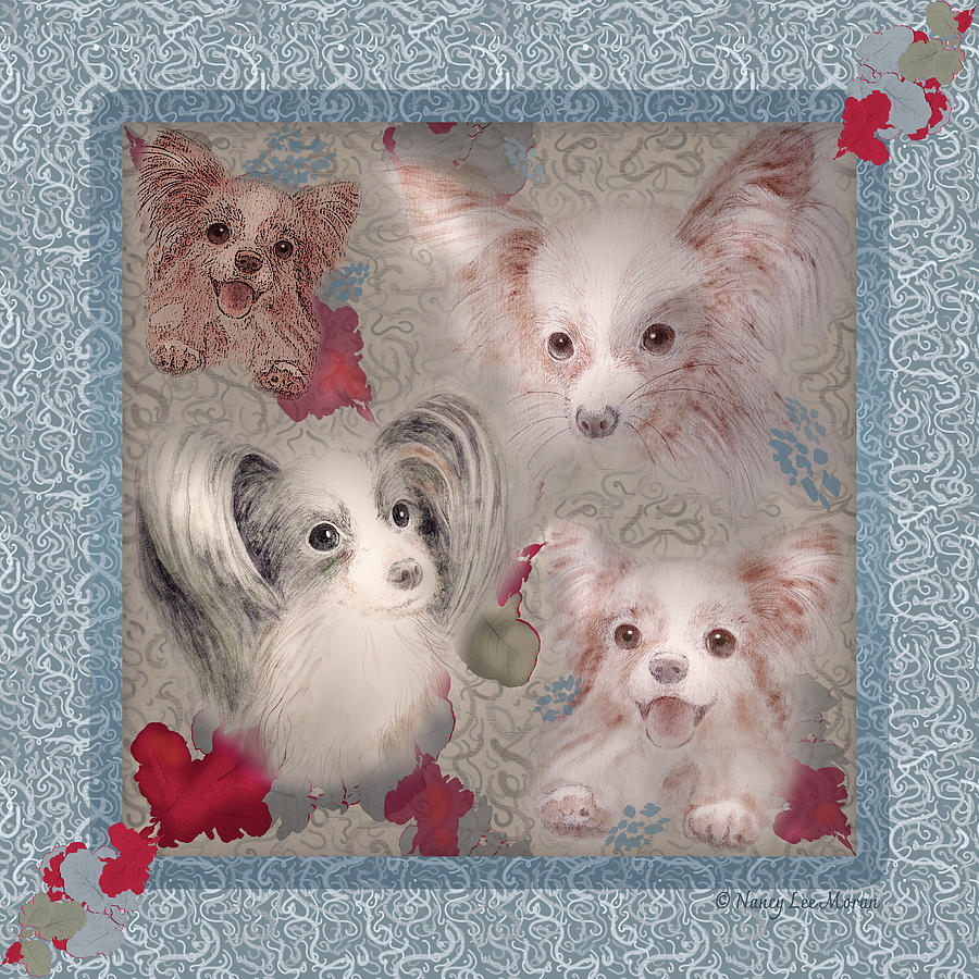 Dear Little Papillon Dogs on Cobblestone Gray Mixed Media by Nancy Lee Moran