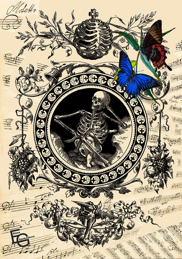 Death, musical score and exotic butterflies. Death, soul, ephemeral existence and hope. Mixed Media by Elena Gantchikova