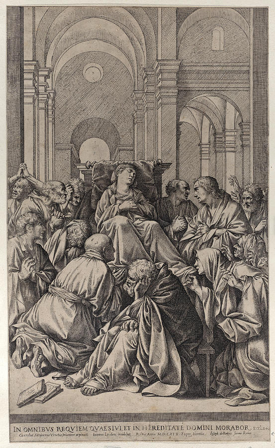 Death of the Virgin, lying on a chair at center, surrounded by Apostles, inside a temple  Drawing by Jean LeClerc
