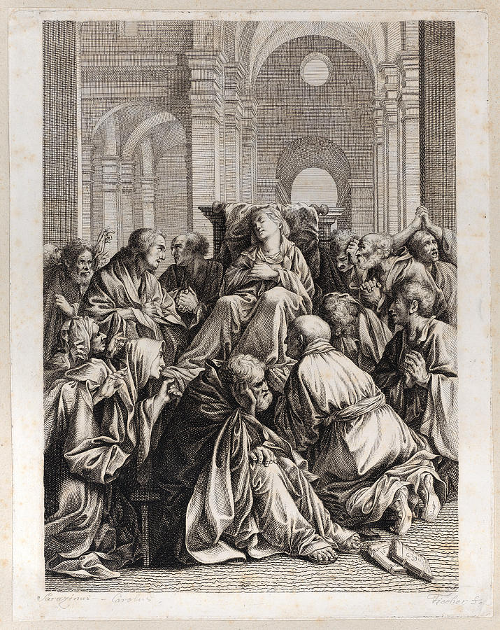 Death of the Virgin, lying on a chair at center, surrounded by Apostles, inside a temple Drawing by Joseph Fischer