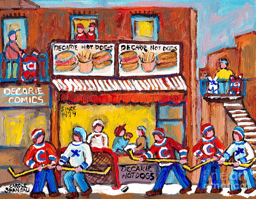 Decarie Hot Dog Deli Best Montreal Fast Food Burger And Fries C Spandau Winter Scenes Hockey Art Painting by Carole Spandau
