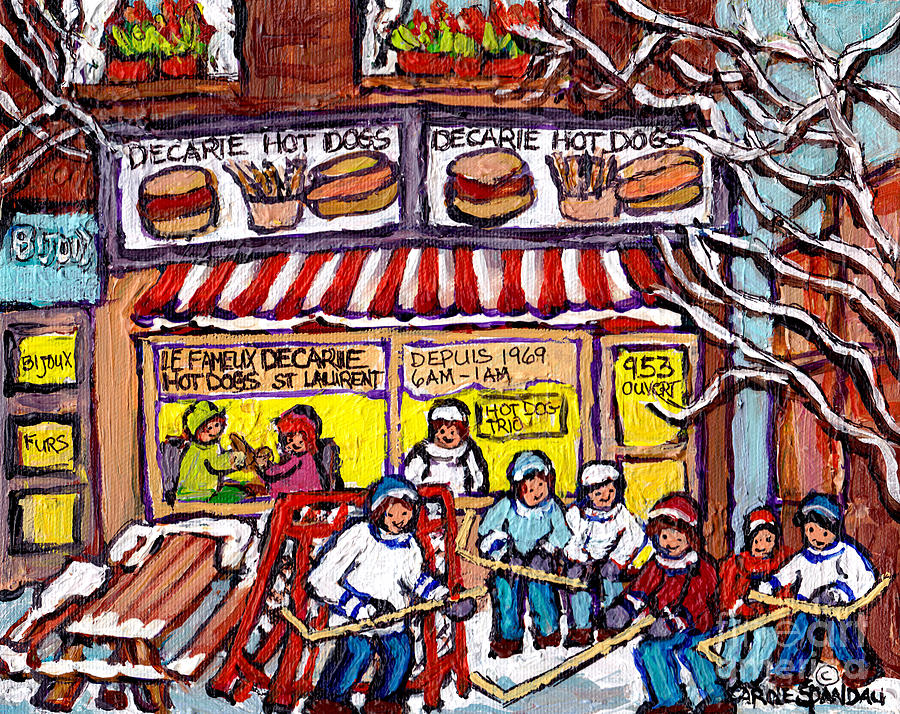 Decarie Hot Dogs Famous Montreal Landmark Hockey Winterscene Painting Original Art For Sale Cspandau Painting by Carole Spandau