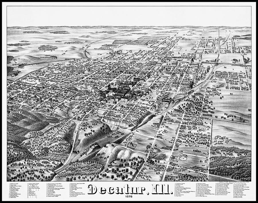 Decatur Illinois Vintage Map Birds Eye View 1878 Black and White ...