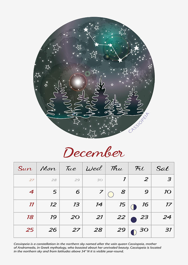 December Lunar Calendar 2022 December 2022 Calendar Moon Phase Calendar 2022 Constellation Cassiopeia Calendar  Lunar Calendar 202 Digital Art By Svitlana Ostrovska And Olena Mishyna