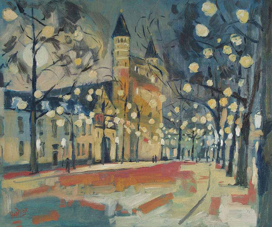 December lights at the Our Lady Square in Maastricht Painting by Nop Briex