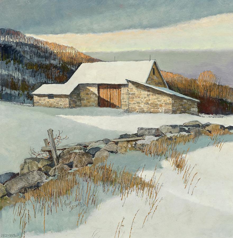 December - Winter landscape with barn and stone wall Painting by Eric Sloane