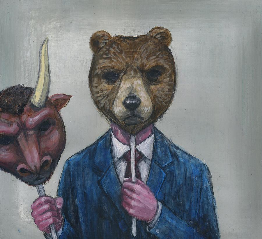 Deceptive image of man holding bull mask while wearing bear mask Drawing by Fanatic Studio