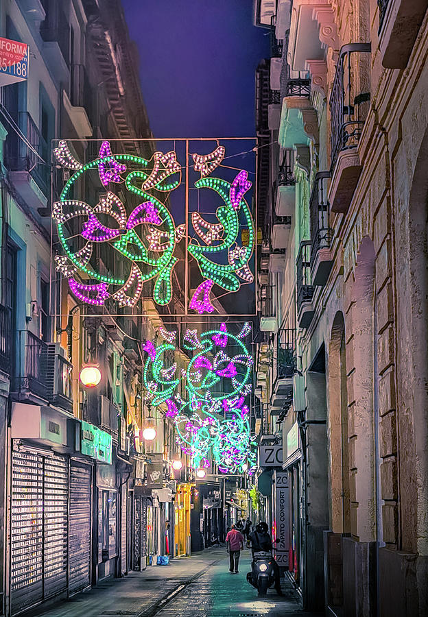 Decorated Malaga Street At Night Photograph by Art Spectrum