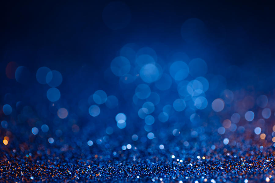 Decoration Bokeh Glitters Background, Abstract Shiny Backdrop With Circles, Modern Design Overlay With Sparkling Glimmers. Blue And Golden Backdrop Glittering Sparks With Blur Effect Photograph