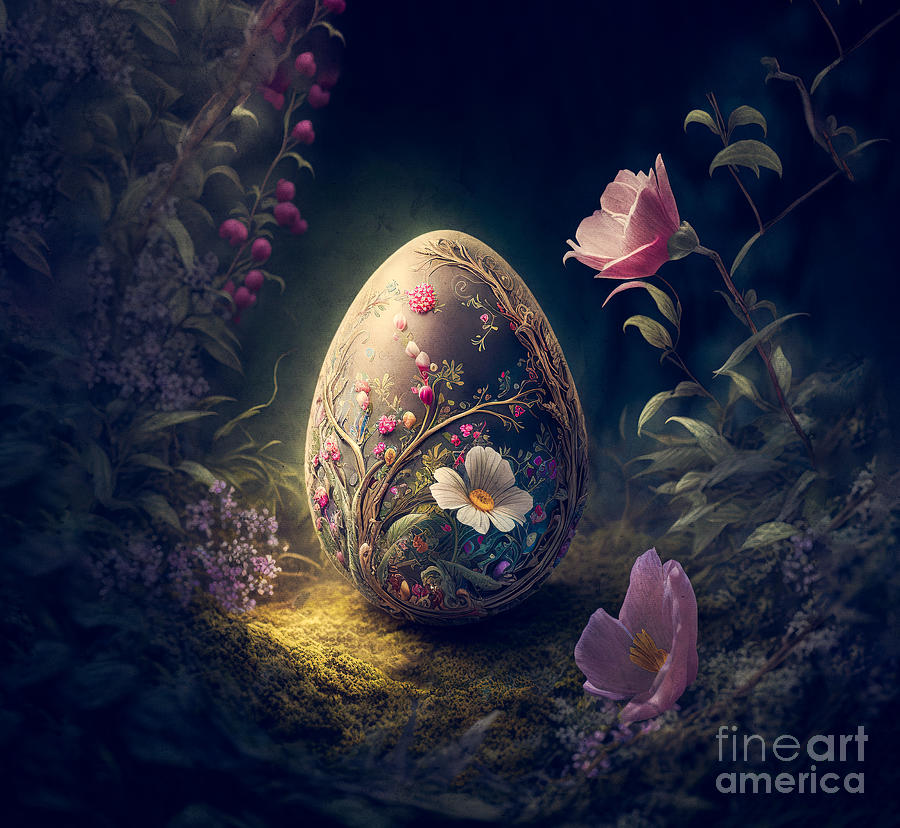 Easter Photograph - Decorative easter egg in fairytale forest. Generative AI by Michal Bednarek
