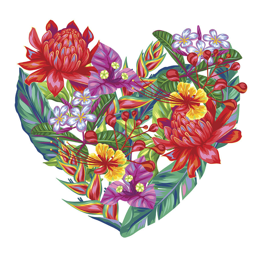Decorative heart with Thailand flowers. Tropical multicolor plants, leaves and Drawing by Incomible