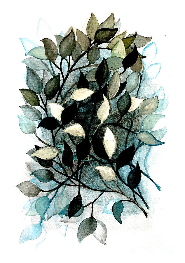 Decorative Leaves Branches Silver Blue And Olive Painting